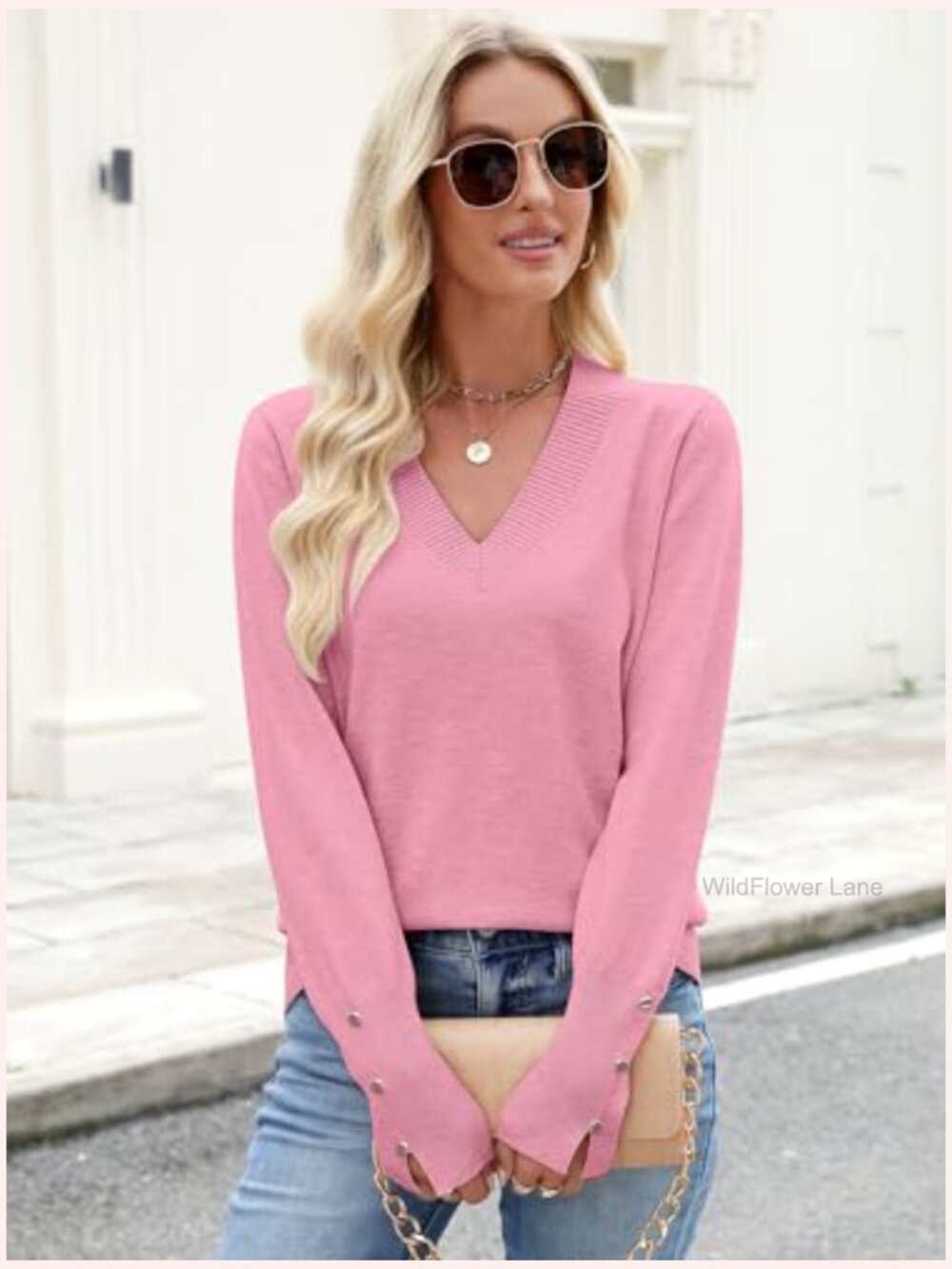 Long Sleeve V Neck Knit Pullover Sweater for Women Business Casual - Picture 5 of 7